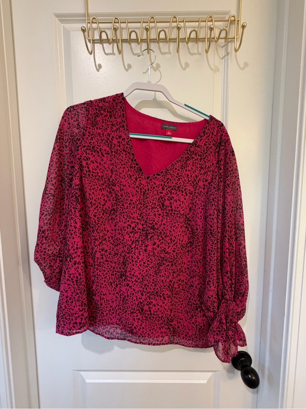 Vince Camuto Fuchsia & Black Printed V-Neck Blouse